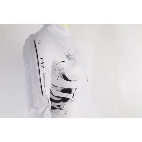 White Robotic Stretch Jumpsuit Tattoo Cyberpunk Longe Sleeve Bodysuit Size XS - Picture 9 of 14